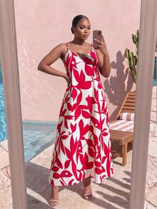SHEIN Lady CURVE Plus Size Women's All-Over Print Casual Elegant Everyday Summer Travel Spaghetti Strap Dress Vacation Beach Party Red And White - Red and White - View 7