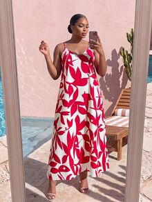 SHEIN Lady CURVE Plus Size Women's All-Over Print Casual Elegant Everyday Summer Travel Spaghetti Strap Dress Vacation Beach Party Red And White - Red and White - View 6