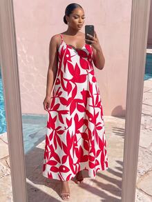 SHEIN Lady CURVE Plus Size Women's All-Over Print Casual Elegant Everyday Summer Travel Spaghetti Strap Dress Vacation Beach Party Red And White - Red and White - View 8