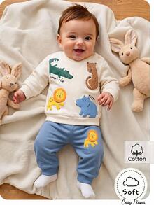 Newborn Baby Cartoon Print Round Neck Long Sleeve Sweatshirt And Pants Set - Multicolor - View 1