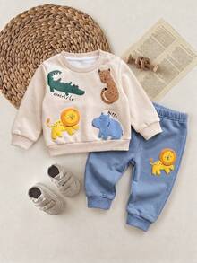 Newborn Baby Cartoon Print Round Neck Long Sleeve Sweatshirt And Pants Set - Multicolor - View 3