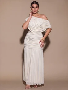 SHEIN BAE CURVE Plus Size Women's Apricot Long Dress, Elegant Party Dress - Apricot - View 3