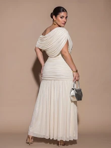 SHEIN BAE CURVE Plus Size Women's Apricot Long Dress, Elegant Party Dress - Apricot - View 2