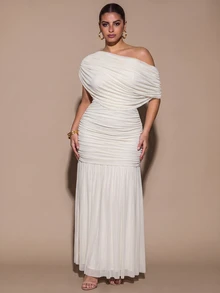 SHEIN BAE CURVE Plus Size Women's Apricot Long Dress, Elegant Party Dress - Apricot - View 1
