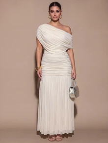 SHEIN BAE CURVE Plus Size Women's Apricot Long Dress, Elegant Party Dress - Apricot - View 5