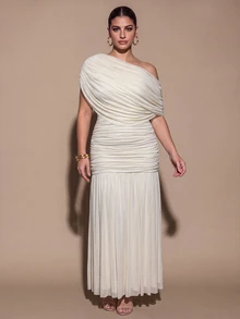 SHEIN BAE CURVE Plus Size Women's Apricot Long Dress, Elegant Party Dress - Apricot - View 7