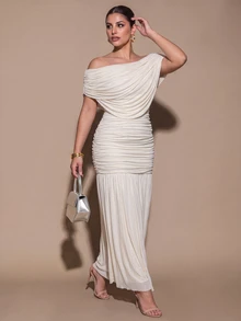 SHEIN BAE CURVE Plus Size Women's Apricot Long Dress, Elegant Party Dress - Apricot - View 4