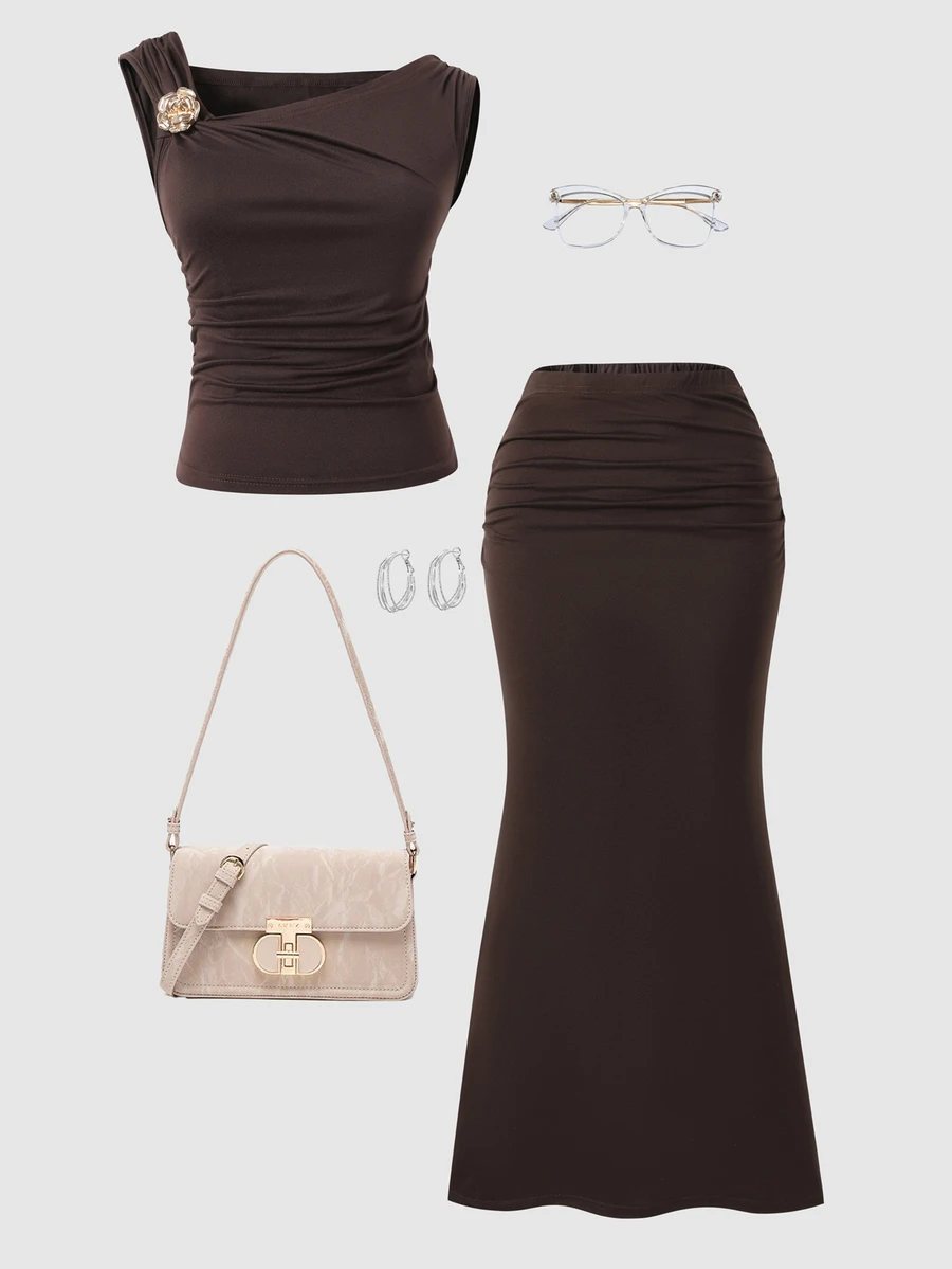 SHEIN Sparklyn 青少年女孩 2件/套 女款棕色夏季套裝，單肩露肩修身上衣 & 長裙，彈性花卉印花休閒派對穿搭