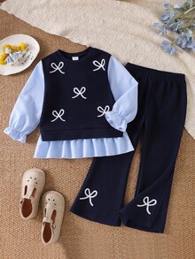 SHEIN Elladie kids 2pcs/Set Girls Blue Striped Bow & Ruffle Trim Long Sleeve 2 In 1 Top With Blue Pants, Back To School Clothes Outfit - Blue - View 7