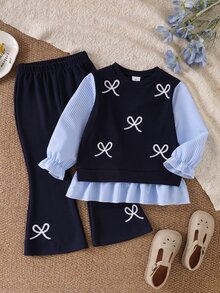 SHEIN Elladie kids 2pcs/Set Girls Blue Striped Bow & Ruffle Trim Long Sleeve 2 In 1 Top With Blue Pants, Back To School Clothes Outfit - Blue - View 6