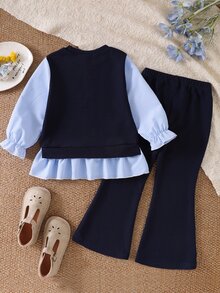 SHEIN Elladie kids 2pcs/Set Girls Blue Striped Bow & Ruffle Trim Long Sleeve 2 In 1 Top With Blue Pants, Back To School Clothes Outfit - Blue - View 3
