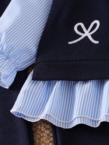 SHEIN Elladie kids 2pcs/Set Girls Blue Striped Bow & Ruffle Trim Long Sleeve 2 In 1 Top With Blue Pants, Back To School Clothes Outfit - Blue - View 4