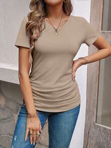 EMERY ROSE Camiseta de manga corta con pliegues de unicolor casual, versátil para el verano - Albaricoque - Ver 7