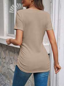 EMERY ROSE Camiseta de manga corta con pliegues de unicolor casual, versátil para el verano - Albaricoque - Ver 2