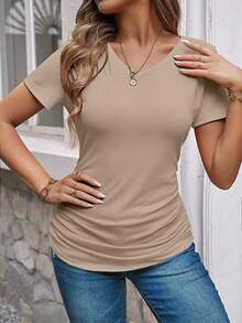 EMERY ROSE Camiseta de manga corta con pliegues de unicolor casual, versátil para el verano - Albaricoque - Ver 6