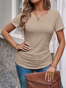 EMERY ROSE Camiseta de manga corta con pliegues de unicolor casual, versátil para el verano - Albaricoque - Ver 4