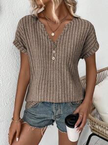EMERY ROSE Camiseta casual de mujer de unicolor con cuello en V, manga corta y diseño de botones acanalados - Café integral - Ver 4
