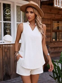 EMERY ROSE Women's Fashionable Solid Soft And Comfortable Summer 2pcs Set - White - View 6