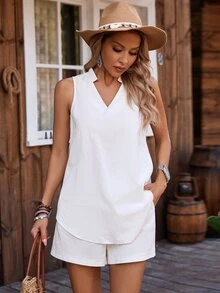 EMERY ROSE Women's Fashionable Solid Soft And Comfortable Summer 2pcs Set - White - View 5