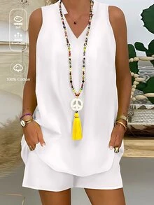 EMERY ROSE Women's Fashionable Solid Soft And Comfortable Summer 2pcs Set - White - View 3