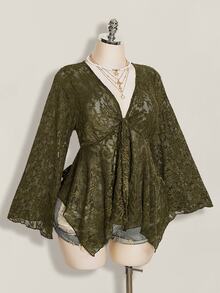 SHEIN ICON 大尺碼 V 領不對稱下擺喇叭袖提花上衣，仙女風復古 Y2K 喇叭袖上衣 - 棕色 - 查看 4