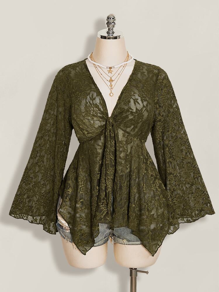 SHEIN ICON Plus Size V-Neck Asymmetrical Hem Flare Sleeve Jacquard Top, Fairy, Retro Boho Y2K Wedding Guest Vacation Vacation Chocolate Brown Autumn Fall - Brown - View 3