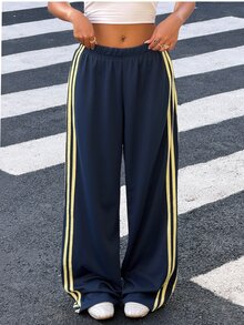 Muchica Women's New Royal Blue Textured Knit Contrast Tape Patchwork Casual Loose Sweatpants - Royal Blue - View 1