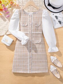 SHEIN 大女孩單件秋冬優雅洋裝，秋季連身裙，休閒度假穿搭 - 米色 - 查看 4