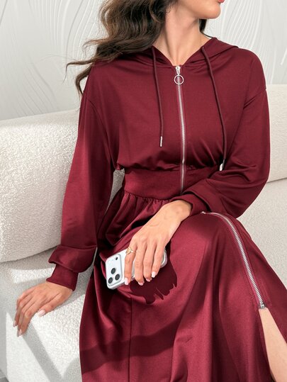 Al Najma Spring And Summer Burgundy Hooded Waist Cinched Zipper Long Dress, Casual, Soft And Elegant Slim Fit Women's Hoodie Style Dress, Back To School Season