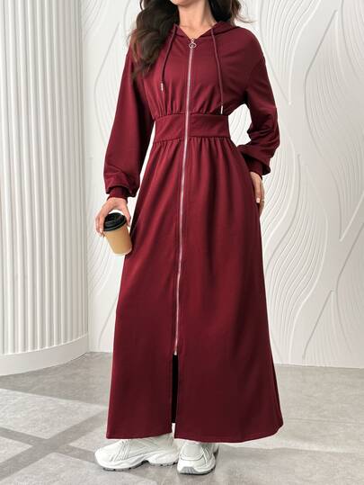 Al Najma Spring And Summer Burgundy Hooded Waist Cinched Zipper Long Dress, Casual, Soft And Elegant Slim Fit Women's Hoodie Style Dress, Back To School Season