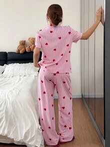 Napfluff Striped & Heart Print Lapel Collar Pajama Set - Multicolor - View 2