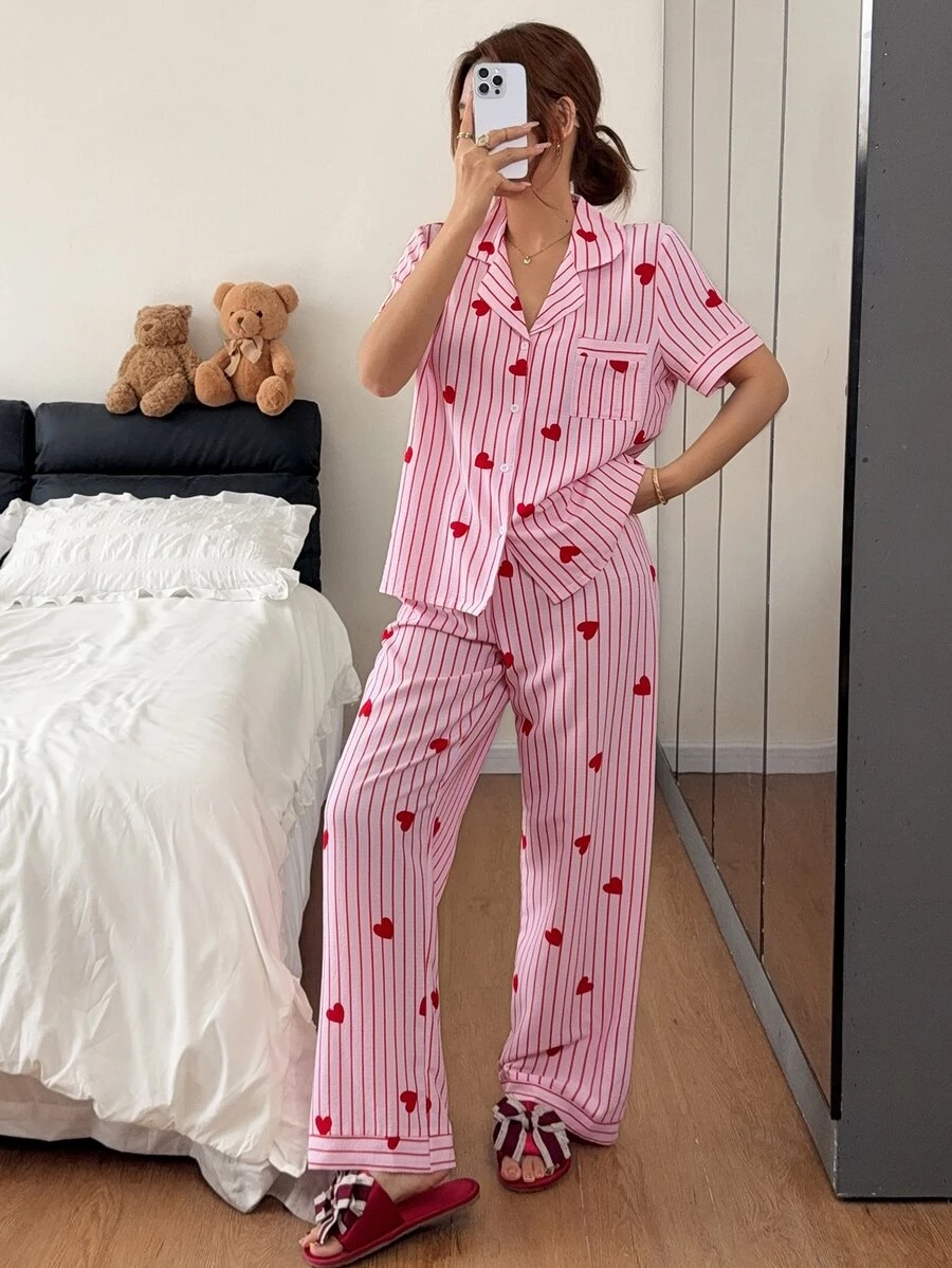 Napfluff Striped & Heart Print Lapel Collar Pajama Set - Multicolor - View 1