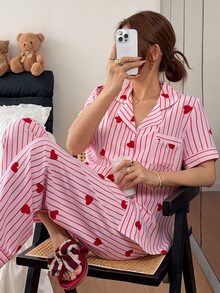 Napfluff Striped & Heart Print Lapel Collar Pajama Set - Multicolor - View 1