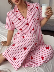 Napfluff Striped & Heart Print Lapel Collar Pajama Set - Multicolor - View 4