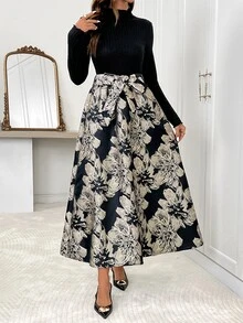 SHEIN Clasi 女款花卉印花長袖優雅洋裝 - 黑色 - 查看 4