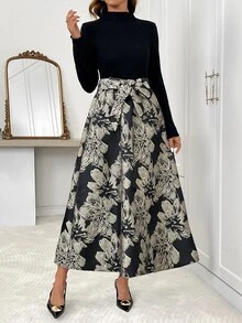 SHEIN Clasi 女款花卉印花長袖優雅洋裝 - 黑色 - 查看 7