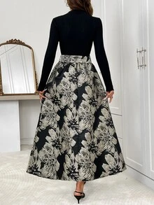 SHEIN Clasi 女款花卉印花長袖優雅洋裝 - 黑色 - 查看 2