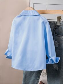 Elladie kids 1pc Girls' Turndown Collar Long Sleeve Button-Up Blue Shirt With Embroidered Front Graphic, Casual Top For Autumn Fall Winter Little Bride - Blue - View 3