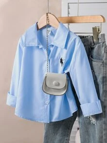 Elladie kids 1pc Girls' Turndown Collar Long Sleeve Button-Up Blue Shirt With Embroidered Front Graphic, Casual Top For Autumn Fall Winter Little Bride - Blue - View 4