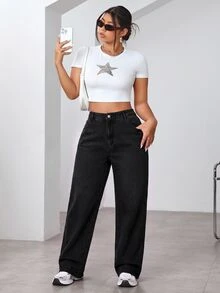 SHEIN Cottnline Plus High Waist Straight Leg Jeans - Black - View 6