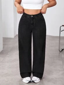 SHEIN Cottnline Plus High Waist Straight Leg Jeans - Black - View 1
