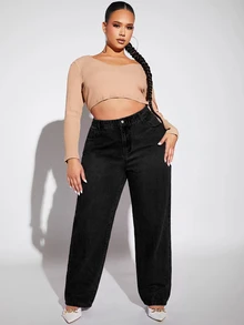 SHEIN Cottnline Plus High Waist Straight Leg Jeans - Black - View 3