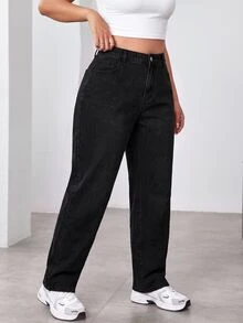 SHEIN Cottnline Plus High Waist Straight Leg Jeans - Black - View 4
