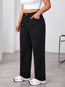 SHEIN Cottnline Plus High Waist Straight Leg Jeans - Black - View 5