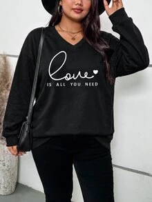 SHEIN LUNE Plus Slogan Graphic Drop Shoulder Sweatshirt,Women's Back To School Pullover For Autumn Fall Winter,Black And White,Smart Casual,Vacation Graduation - Black - View 4