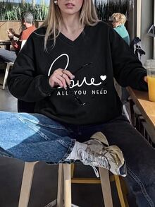 SHEIN LUNE Plus Slogan Graphic Drop Shoulder Sweatshirt,Women's Back To School Pullover For Autumn Fall Winter,Black And White,Smart Casual,Vacation Graduation - Black - View 3