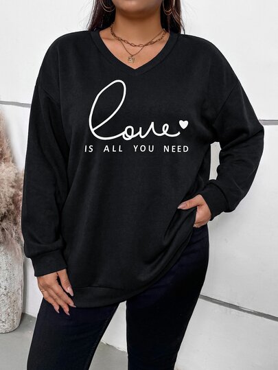 SHEIN LUNE Plus Slogan Graphic Drop Shoulder Sweatshirt,Women's Back To School Pullover For Autumn Fall Winter,Black And White,Smart Casual,Vacation Graduation