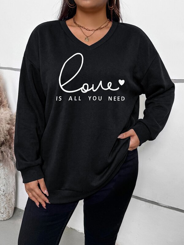 SHEIN LUNE Plus Slogan Graphic Drop Shoulder Sweatshirt,Women's Back To School Pullover For Autumn Fall Winter,Black And White,Smart Casual,Vacation Graduation