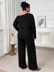 SHEIN LUNE Plus Rhinestone Trim Drop Shoulder Tee & Pants - Black - View 2