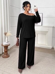 SHEIN LUNE Plus Rhinestone Trim Drop Shoulder Tee & Pants - Black - View 5